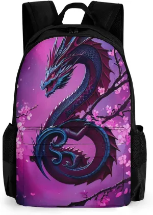 Men Women Polyester Romantic Dragon Cherry Flowers Art Daypack Big Capacity Shoulder Bag With Adjustable Shoulder Straps for Camping Travel Walking Cycling