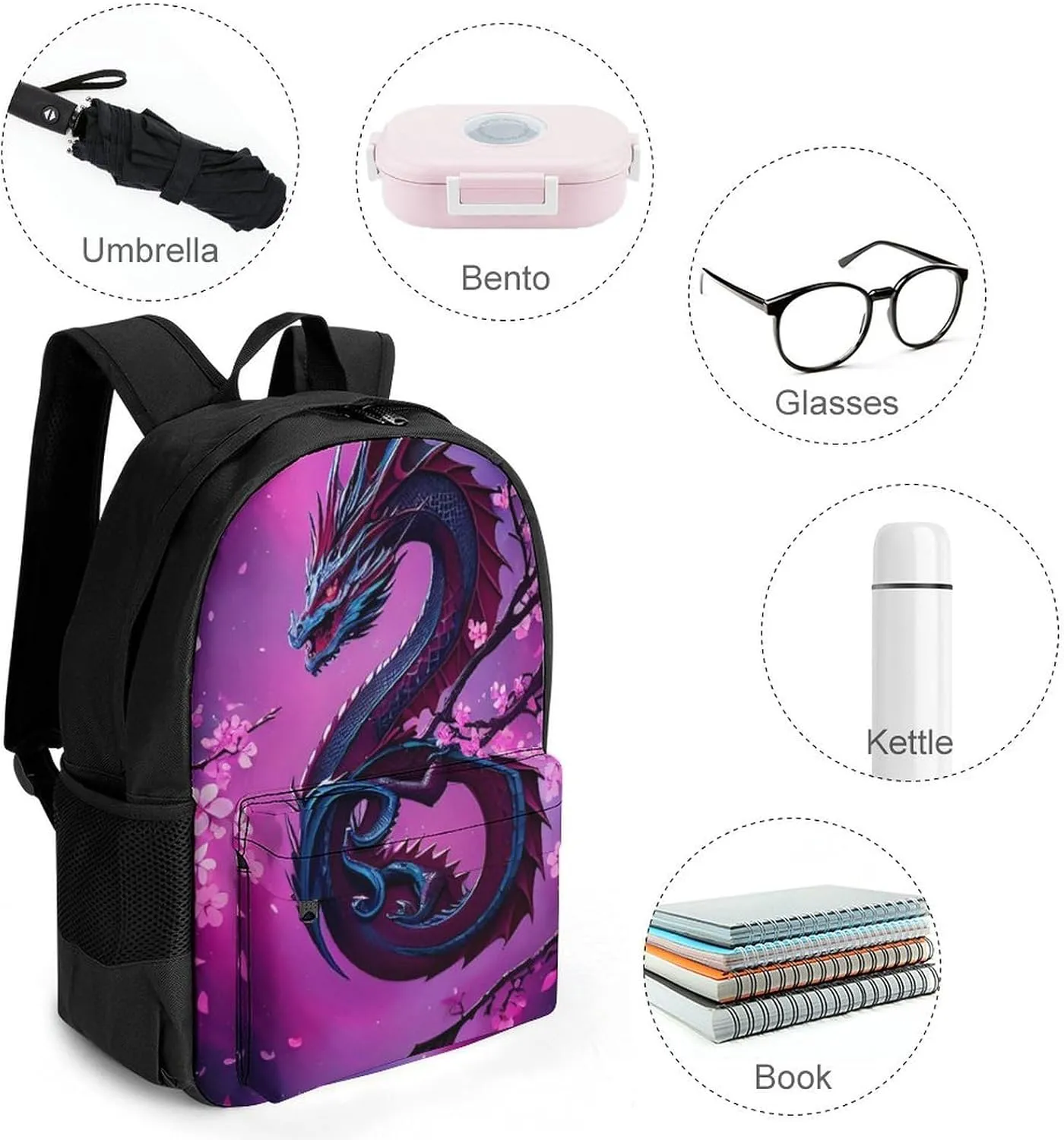 Men Women Polyester Romantic Dragon Cherry Flowers Art Daypack Big Capacity Shoulder Bag With Adjustable Shoulder Straps for Camping Travel Walking Cycling