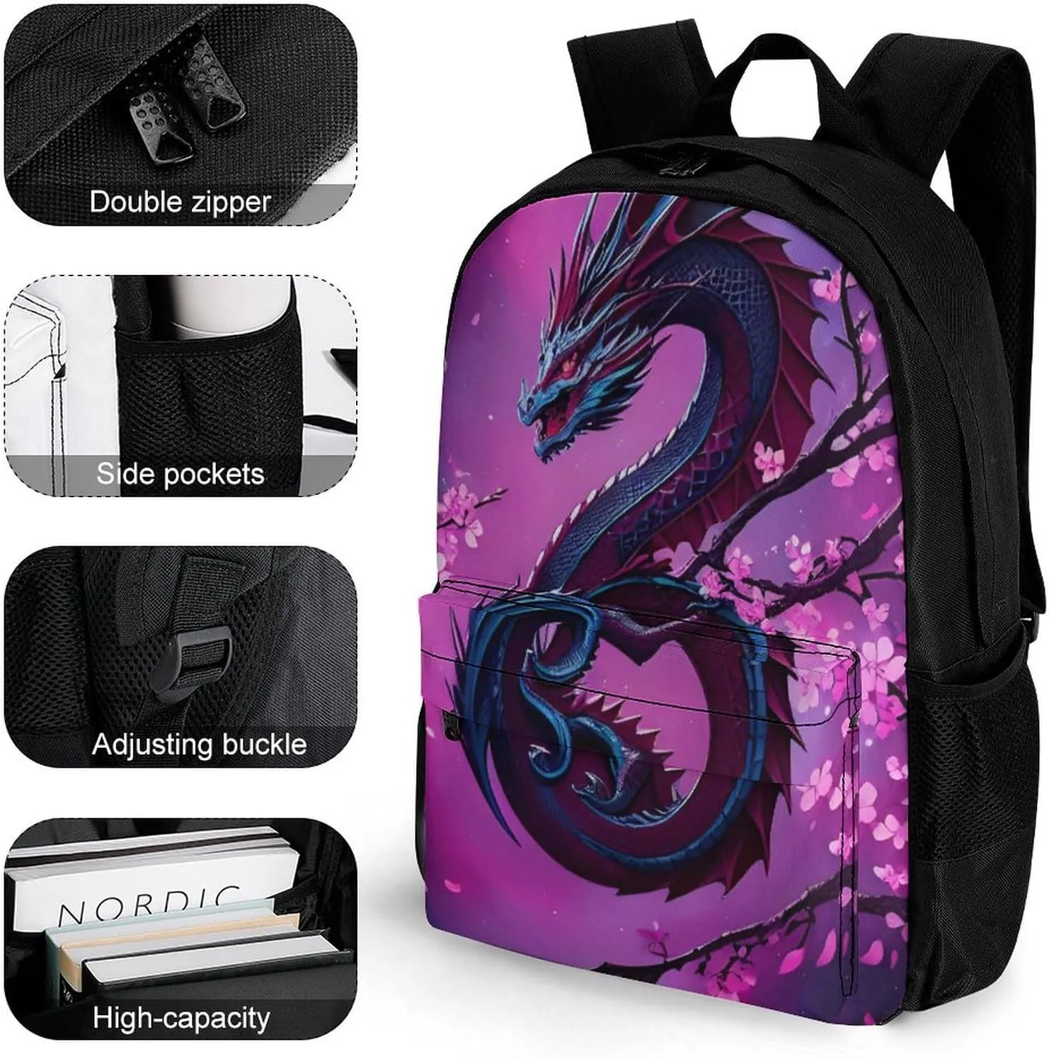 Men Women Polyester Romantic Dragon Cherry Flowers Art Daypack Big Capacity Shoulder Bag With Adjustable Shoulder Straps for Camping Travel Walking Cycling