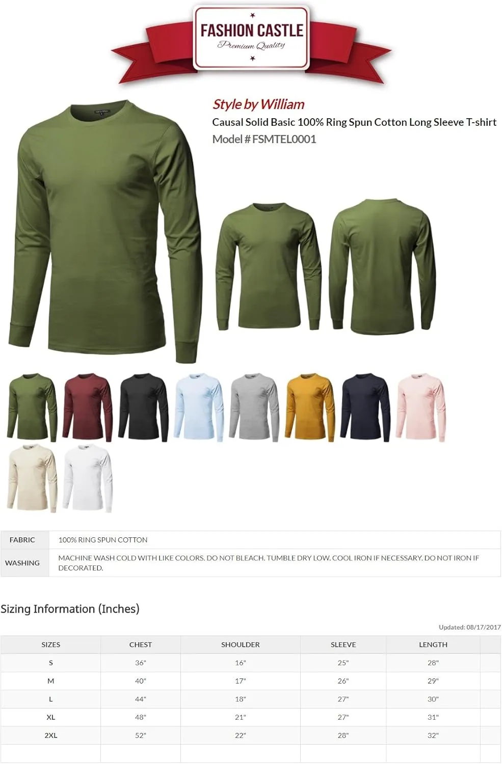 Men's Causal Solid Basic 100% Ring Spun Cotton Long Sleeve T-Shirt