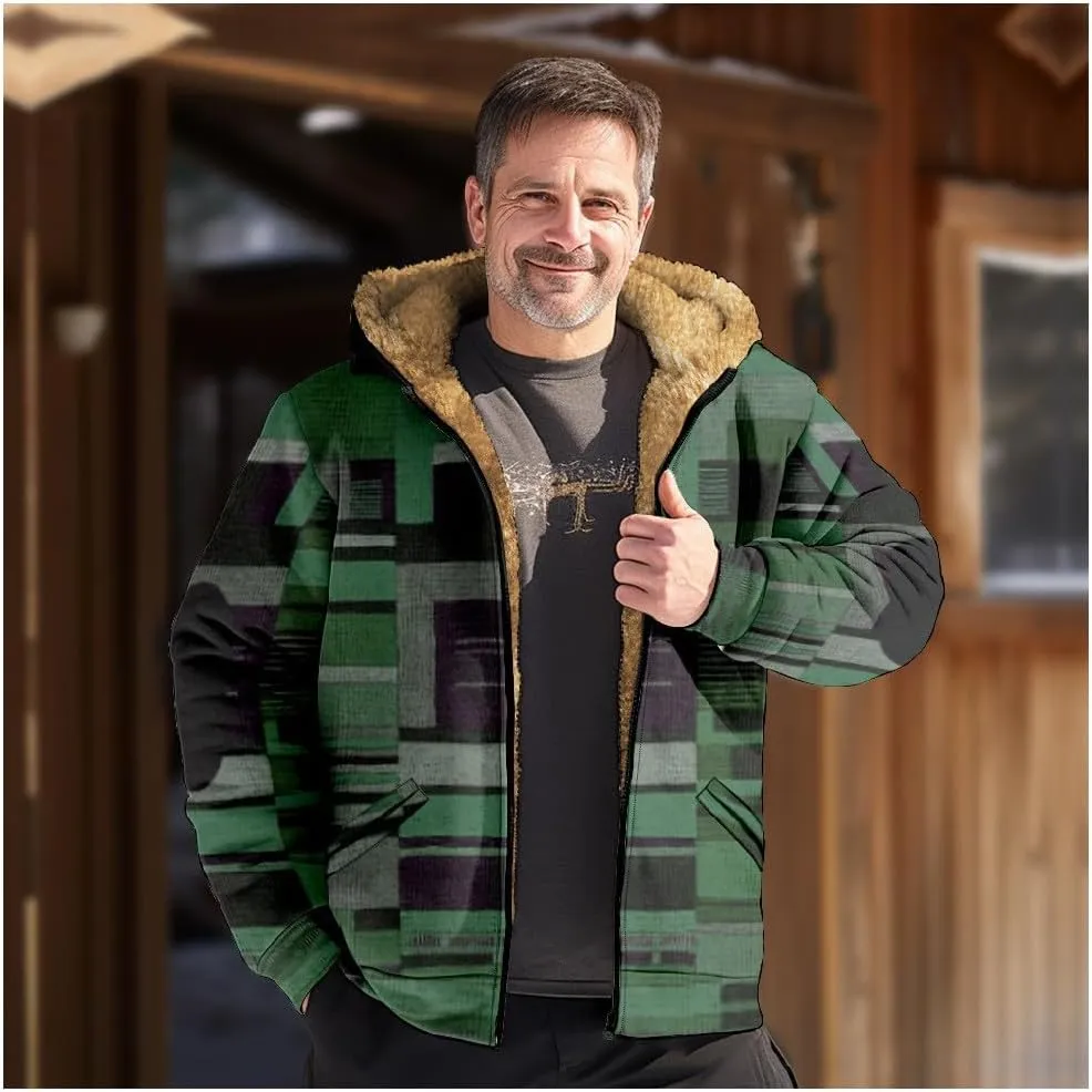 Mens Fuzzy Sherpa Jacket Long Sleeve Fleece Zip Up Coat Faux Puffer Jacket Outdoor Thick Casual Hoodies Hooded