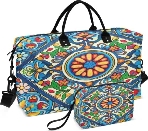 Mexican Ceramic Tile Travel Duffel Bag, Shoulder Weekender Overnight Bags - Large Gym Bag with Wet Pocket
