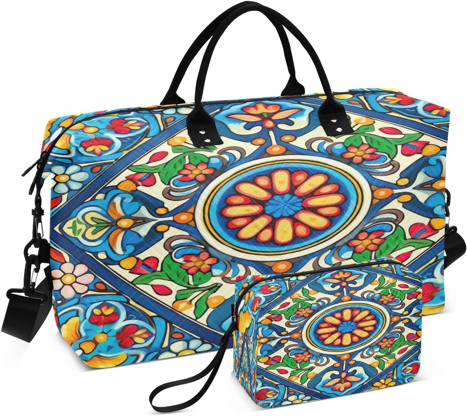 Mexican Ceramic Tile Travel Duffel Bag, Shoulder Weekender Overnight Bags - Large Gym Bag with Wet Pocket