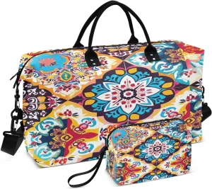 Mexican Ceramic Tile Travel Duffel Bag, Shoulder Weekender Overnight Bags - Large Gym Bag with Wet Pocket