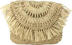 Mia Crochet Raffia Fringe Clutch, Natural