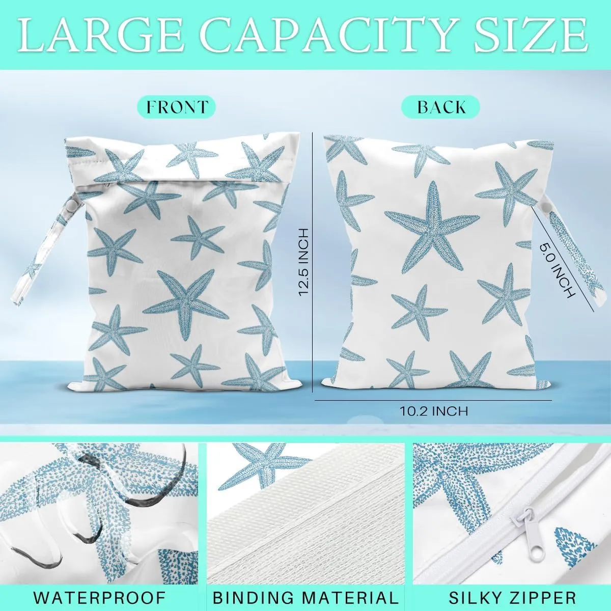 Microfiber Oversized Lightweight Beach Towel for Adults Women Men, Beach Towel, Wet Bag Cosmetic Bag, Pool Waterproof Wet Bags, Summer Travel Essentials, Gifts for Women - Starfish (2-Piece Set)