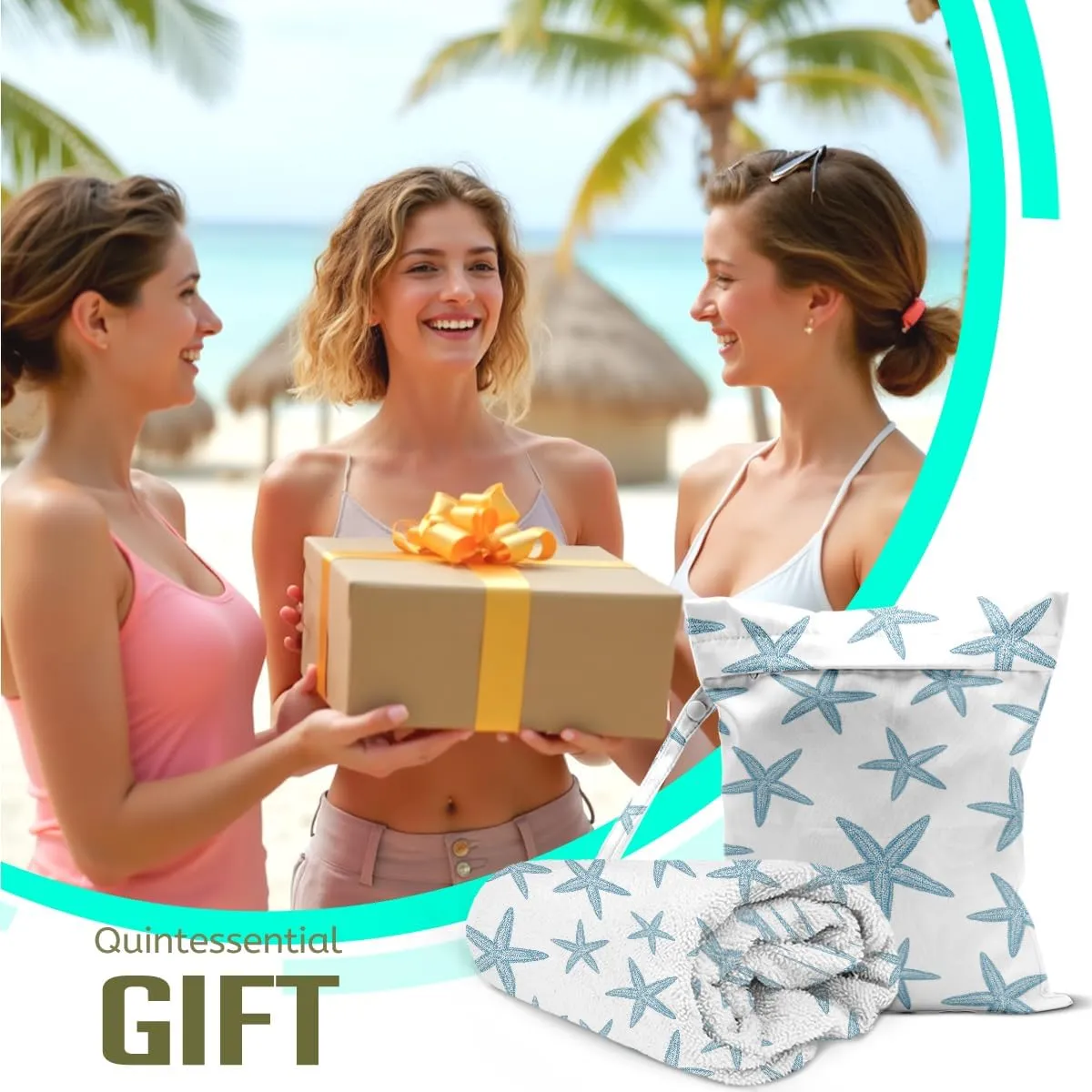 Microfiber Oversized Lightweight Beach Towel for Adults Women Men, Beach Towel, Wet Bag Cosmetic Bag, Pool Waterproof Wet Bags, Summer Travel Essentials, Gifts for Women - Starfish (2-Piece Set)