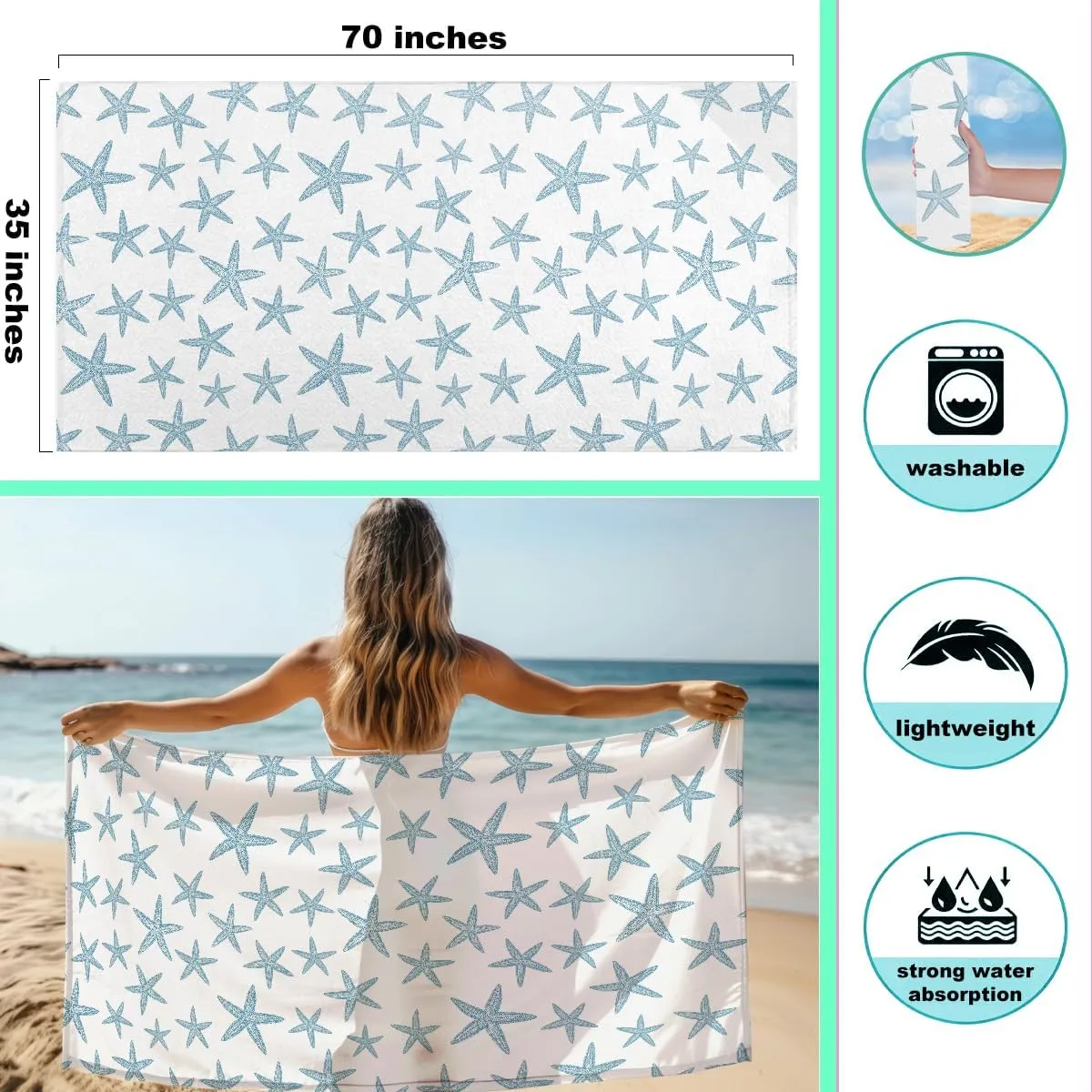 Microfiber Oversized Lightweight Beach Towel for Adults Women Men, Beach Towel, Wet Bag Cosmetic Bag, Pool Waterproof Wet Bags, Summer Travel Essentials, Gifts for Women - Starfish (2-Piece Set)