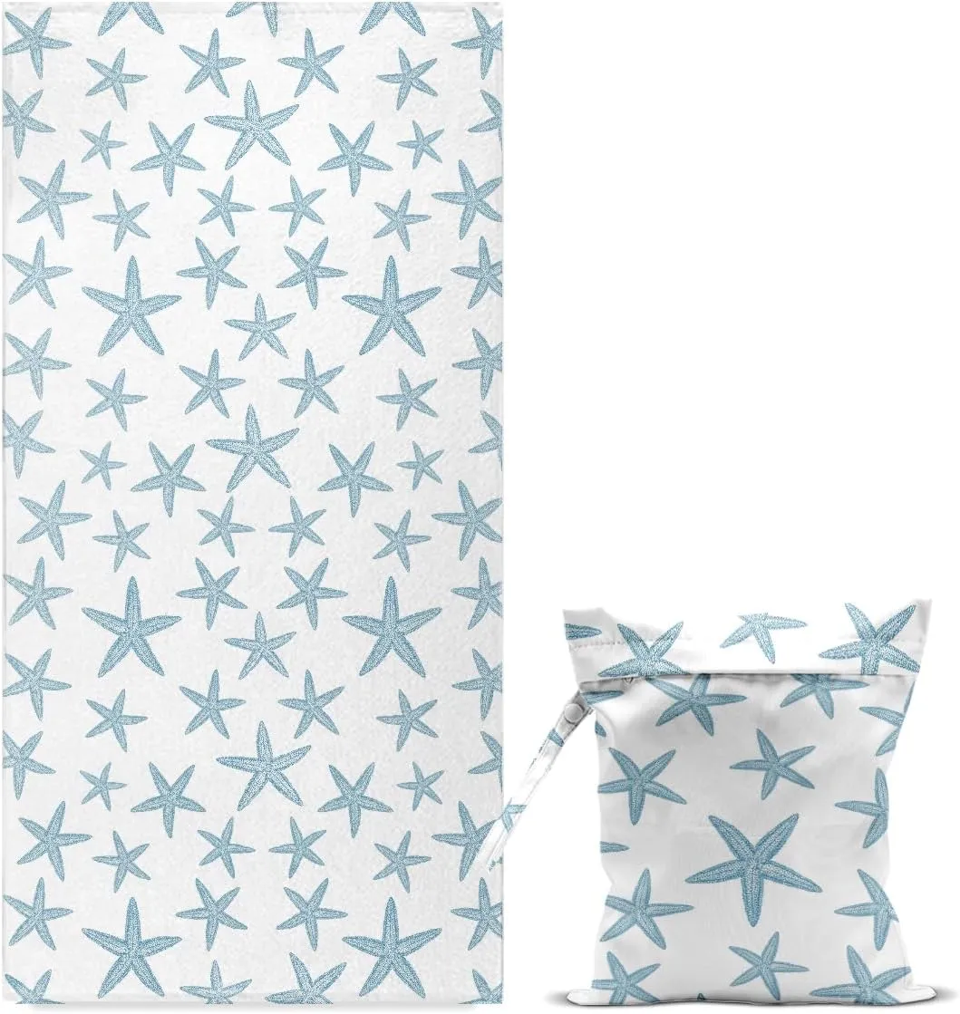 Microfiber Oversized Lightweight Beach Towel for Adults Women Men, Beach Towel, Wet Bag Cosmetic Bag, Pool Waterproof Wet Bags, Summer Travel Essentials, Gifts for Women - Starfish (2-Piece Set)