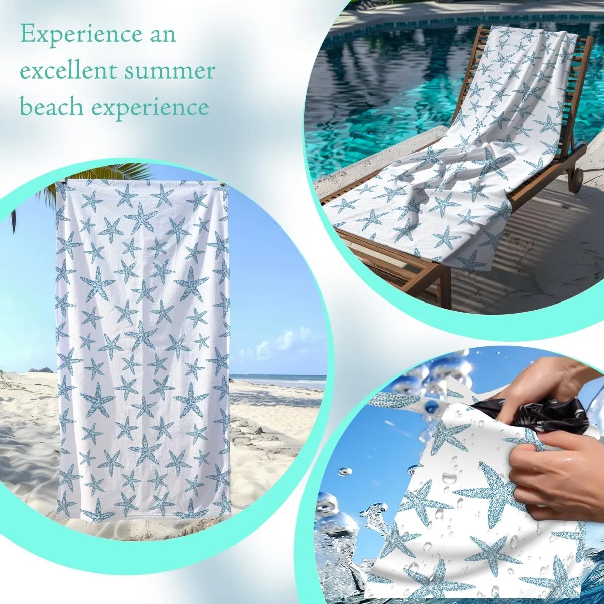 Microfiber Oversized Lightweight Beach Towel for Adults Women Men, Beach Towel, Wet Bag Cosmetic Bag, Pool Waterproof Wet Bags, Summer Travel Essentials, Gifts for Women - Starfish (2-Piece Set)