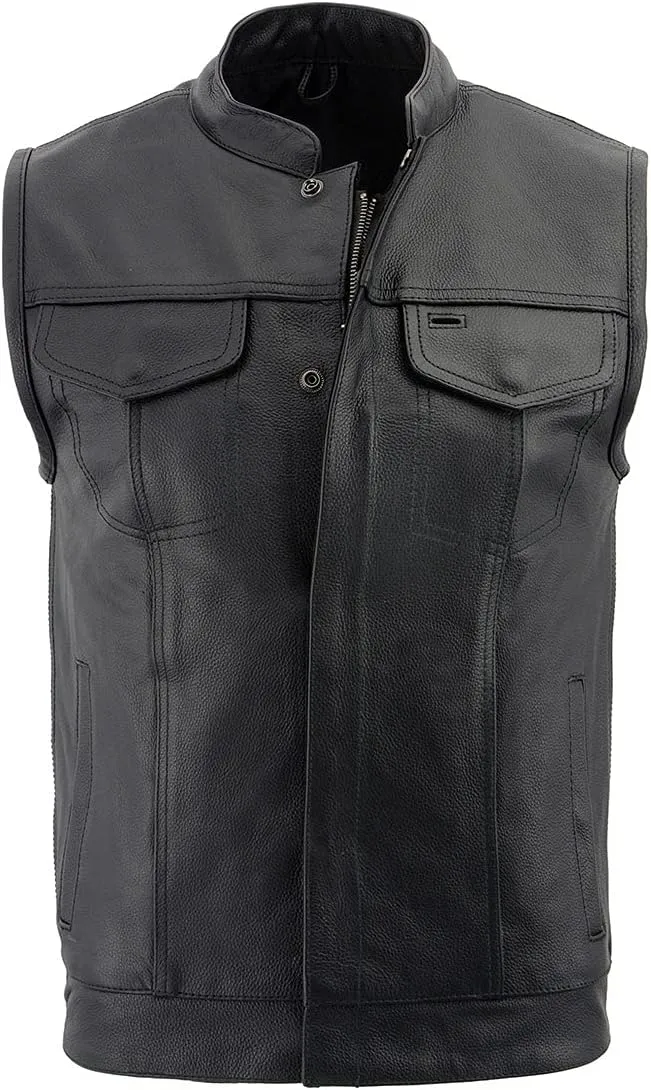 Milwaukee Leather LKM3713 Men's Black Leather Club Style Motorcycle Rider Vest W/Dual Closure Zipper and Snaps