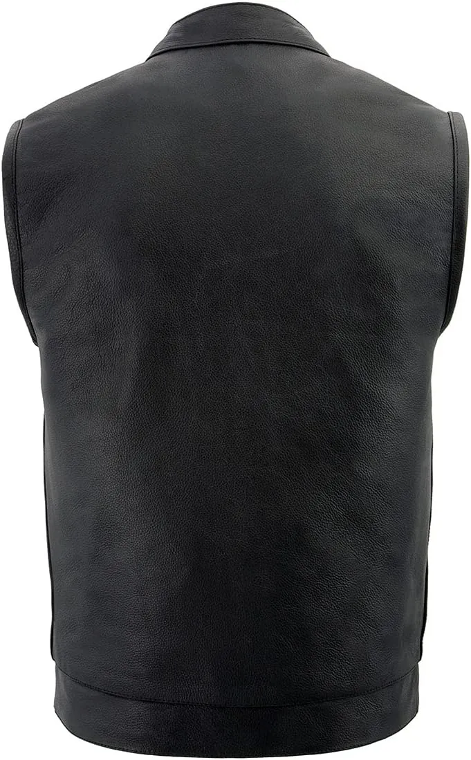 Milwaukee Leather LKM3713 Men's Black Leather Club Style Motorcycle Rider Vest W/Dual Closure Zipper and Snaps