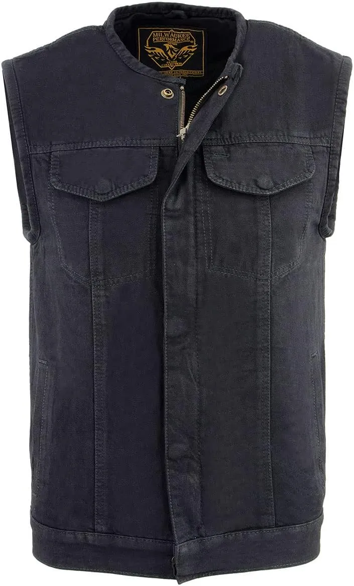 Milwaukee Leather MDM3001 Men's 'Covert' Black Denim Collarless Club Style Motorcycle Biker Vest w/Dual Closure