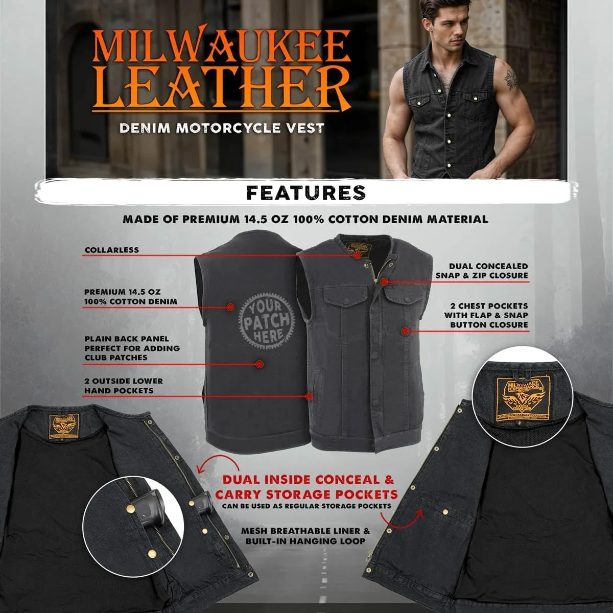 Milwaukee Leather MDM3001 Men's 'Covert' Black Denim Collarless Club Style Motorcycle Biker Vest w/Dual Closure