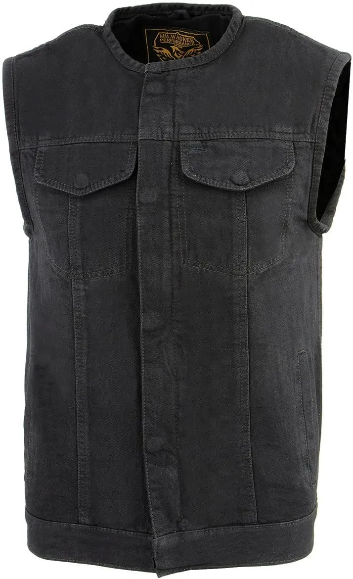 Milwaukee Leather MDM3001 Men's 'Covert' Black Denim Collarless Club Style Motorcycle Biker Vest w/Dual Closure