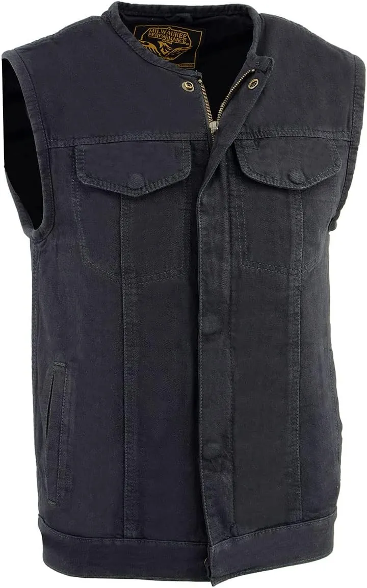 Milwaukee Leather MDM3001 Men's 'Covert' Black Denim Collarless Club Style Motorcycle Biker Vest w/Dual Closure