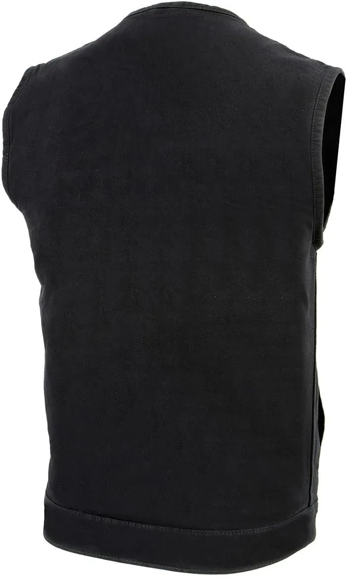 Milwaukee Leather MDM3001 Men's 'Covert' Black Denim Collarless Club Style Motorcycle Biker Vest w/Dual Closure