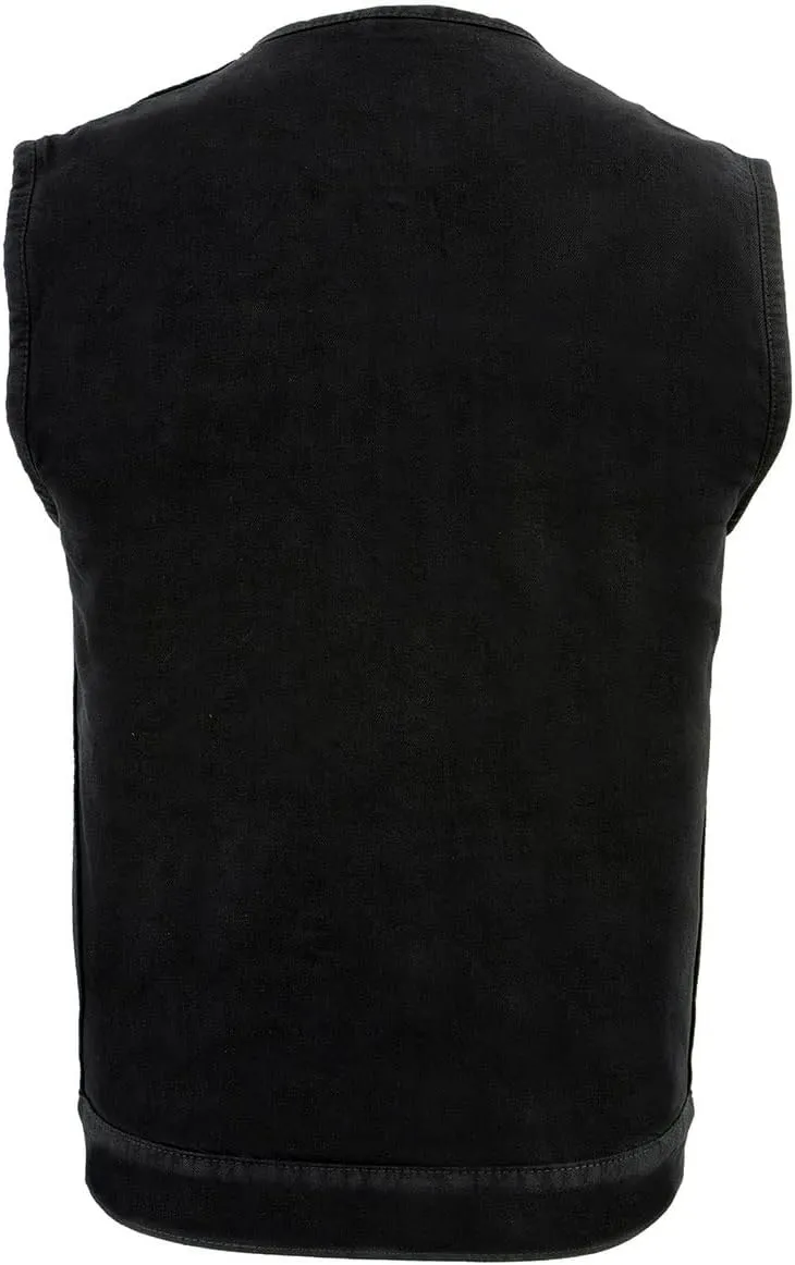 Milwaukee Leather MDM3001 Men's 'Covert' Black Denim Collarless Club Style Motorcycle Biker Vest w/Dual Closure