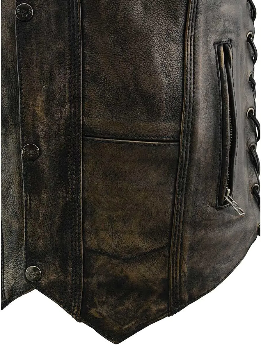 Milwaukee Leather MLM3540 Men's Roulette Distressed Brown 10 Pocket Motorcycle Leather Vest