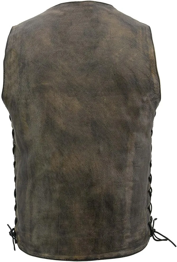 Milwaukee Leather MLM3540 Men's Roulette Distressed Brown 10 Pocket Motorcycle Leather Vest