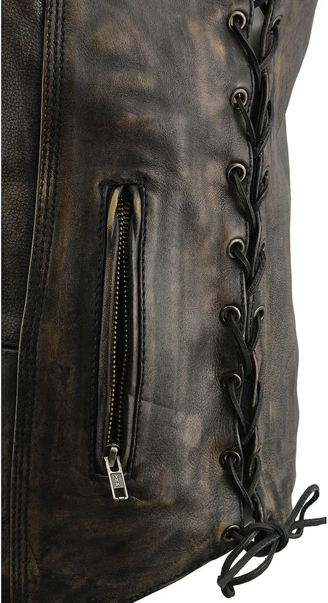 Milwaukee Leather MLM3540 Men's Roulette Distressed Brown 10 Pocket Motorcycle Leather Vest