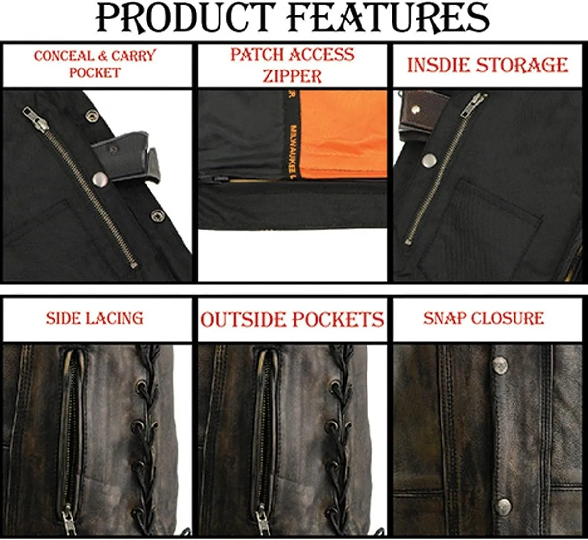 Milwaukee Leather MLM3540 Men's Roulette Distressed Brown 10 Pocket Motorcycle Leather Vest