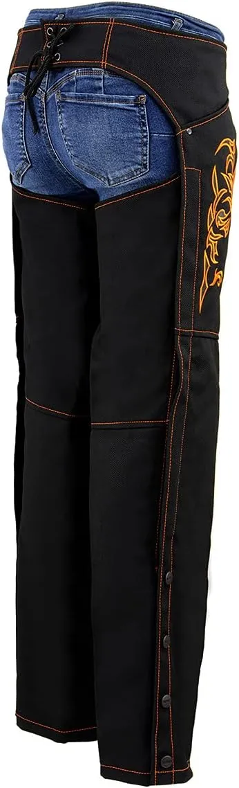 Milwaukee Leather SH1182 Women's Black with Pink Textile Motorcycle Riding Chaps with Tribal Embroidery