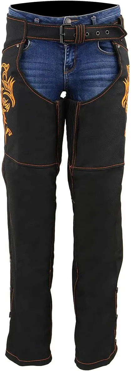 Milwaukee Leather SH1182 Women's Black with Pink Textile Motorcycle Riding Chaps with Tribal Embroidery
