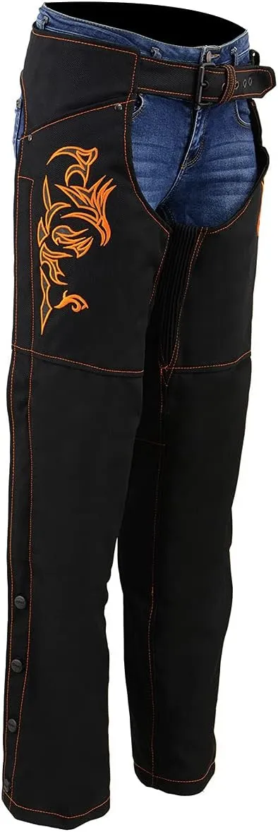 Milwaukee Leather SH1182 Women's Black with Pink Textile Motorcycle Riding Chaps with Tribal Embroidery