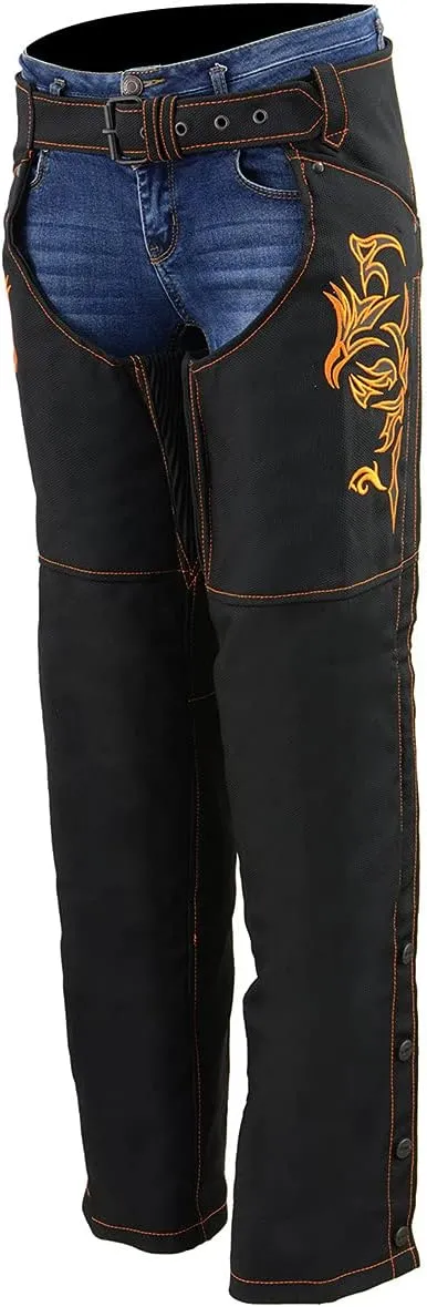 Milwaukee Leather SH1182 Women's Black with Pink Textile Motorcycle Riding Chaps with Tribal Embroidery