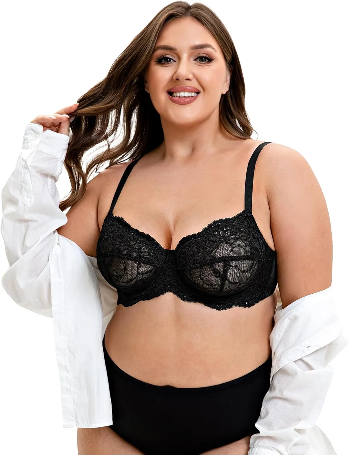 Mirry Lace Bras for Women Plus Size Full Coverage Underwire Floral Lace Non-Padded Bras Unlined