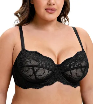 Mirry Lace Bras for Women Plus Size Full Coverage Underwire Floral Lace Non-Padded Bras Unlined