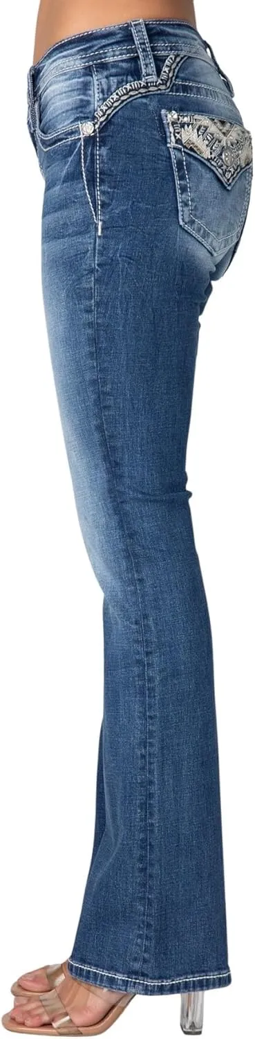 Miss Me Women's Desert Spirit Faux Flap Pocket Mid-Rise Bootcut Jeans