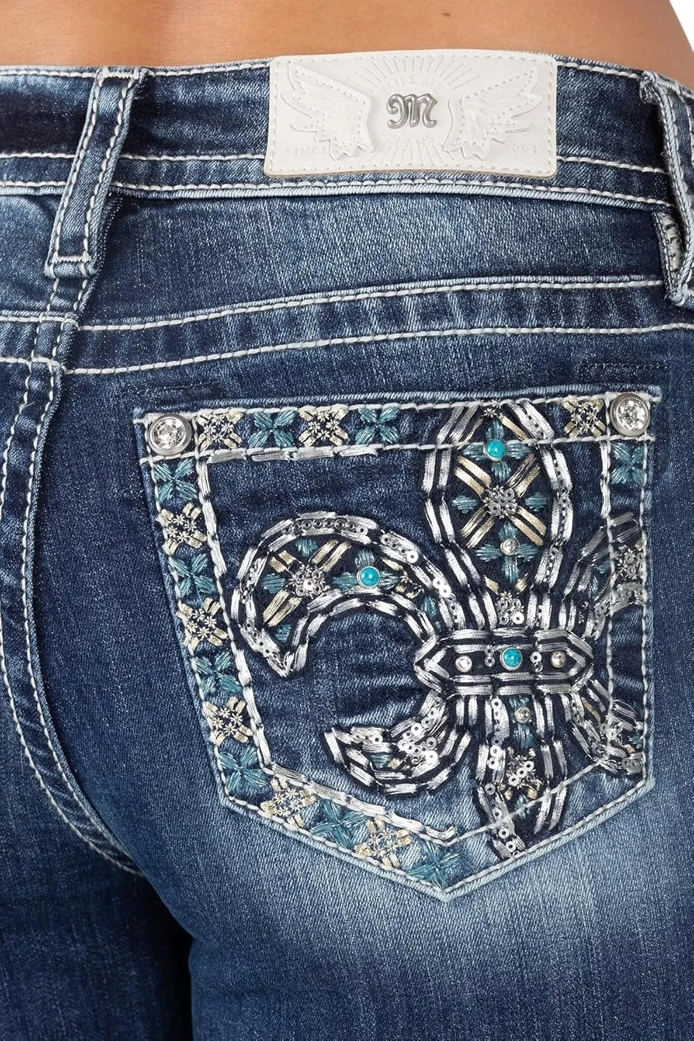 Miss Me Women's Fleur De Lis Turquoise Stitch Mid-Rise Bootcut Jeans