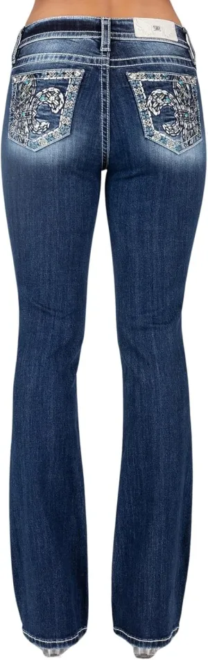 Miss Me Women's Fleur De Lis Turquoise Stitch Mid-Rise Bootcut Jeans