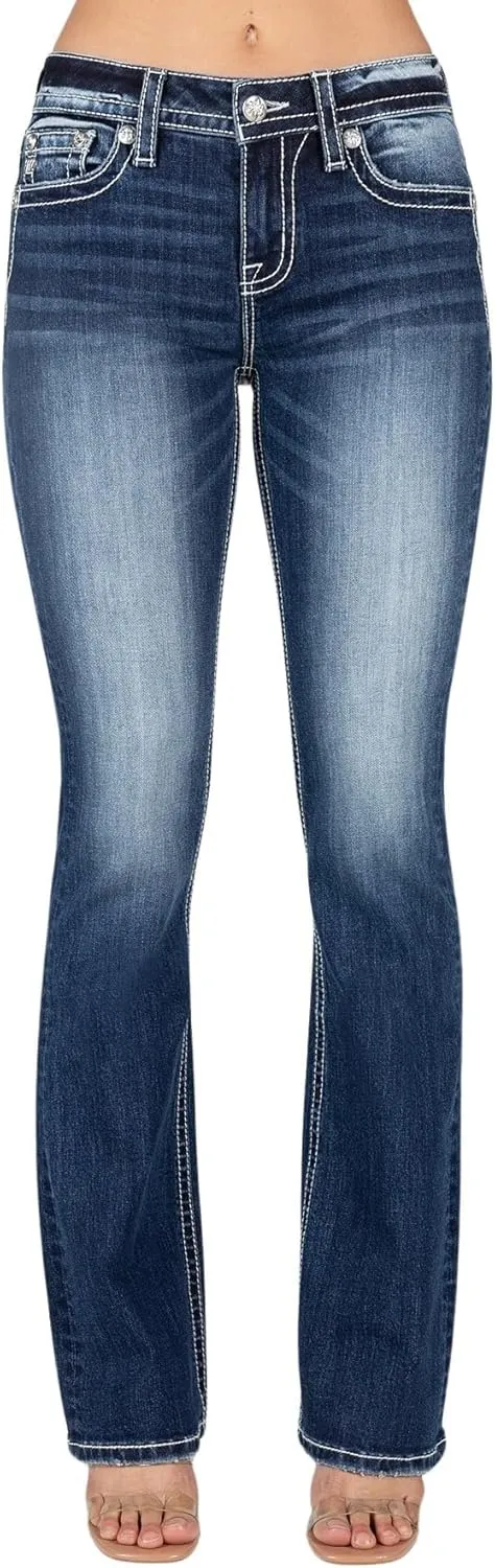 Miss Me Women's Fleur De Lis Turquoise Stitch Mid-Rise Bootcut Jeans