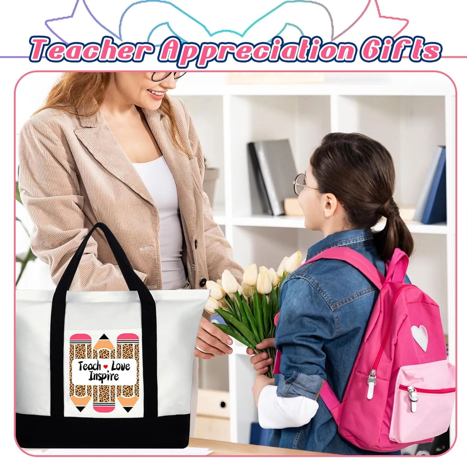 Mixweer 4 Pcs Teacher Appreciation Gifts Bags Teacher Canvas Tote Bags for Women Christmas School Supply(Elegant Leopard Print Style)