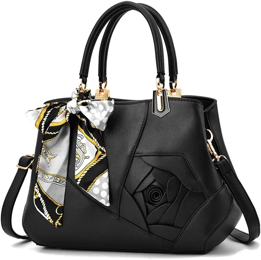 Mn&Sue Ladies Top Handle Satchel 3D Flower Women Elegant Handbags Pu Leather Crossbody Tote Purse
