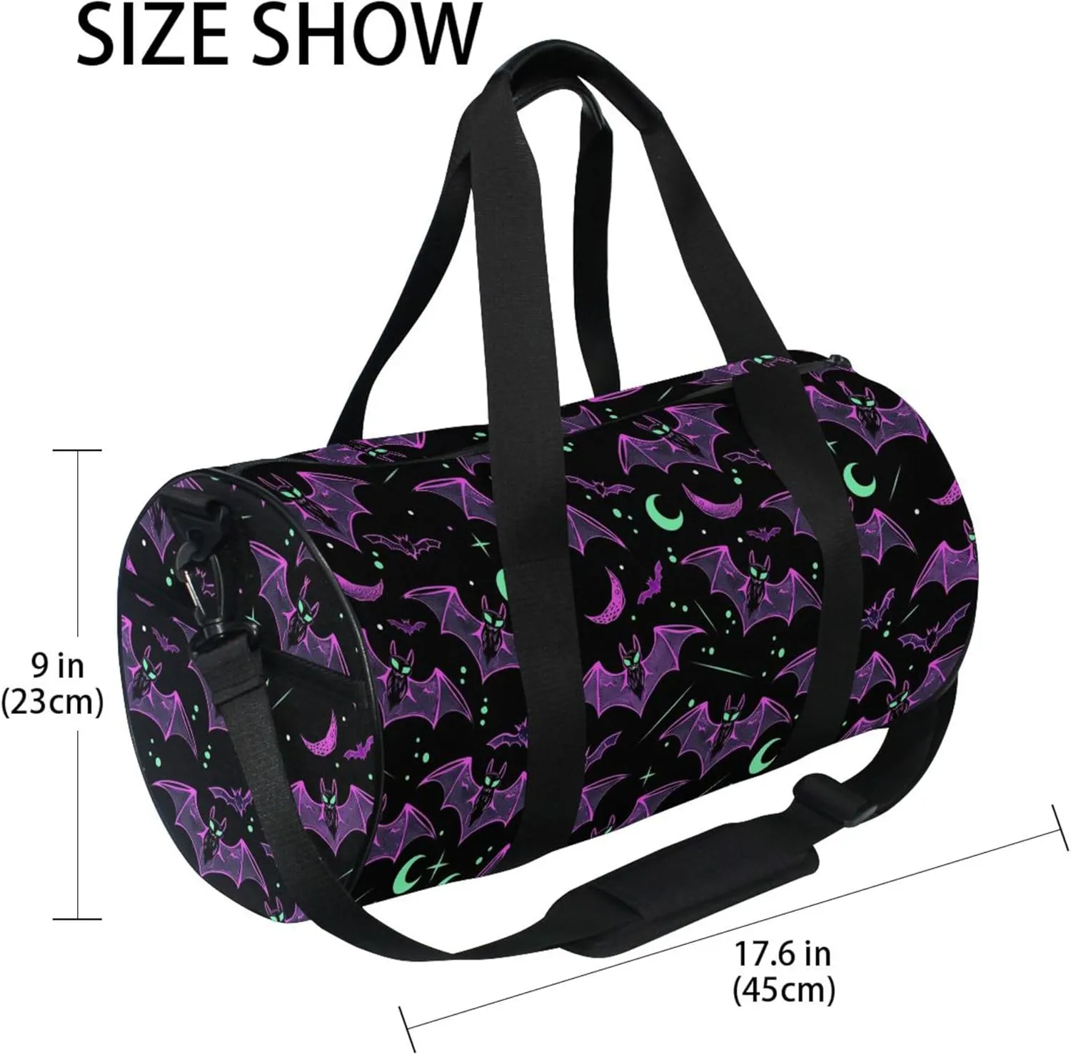 MNSRUU Sports Duffel Bags, Neon Purple and Bats Stars and Moons Athletic Gym Bag Overnight Workout Travel Tote Luggage for Men Women Yoga