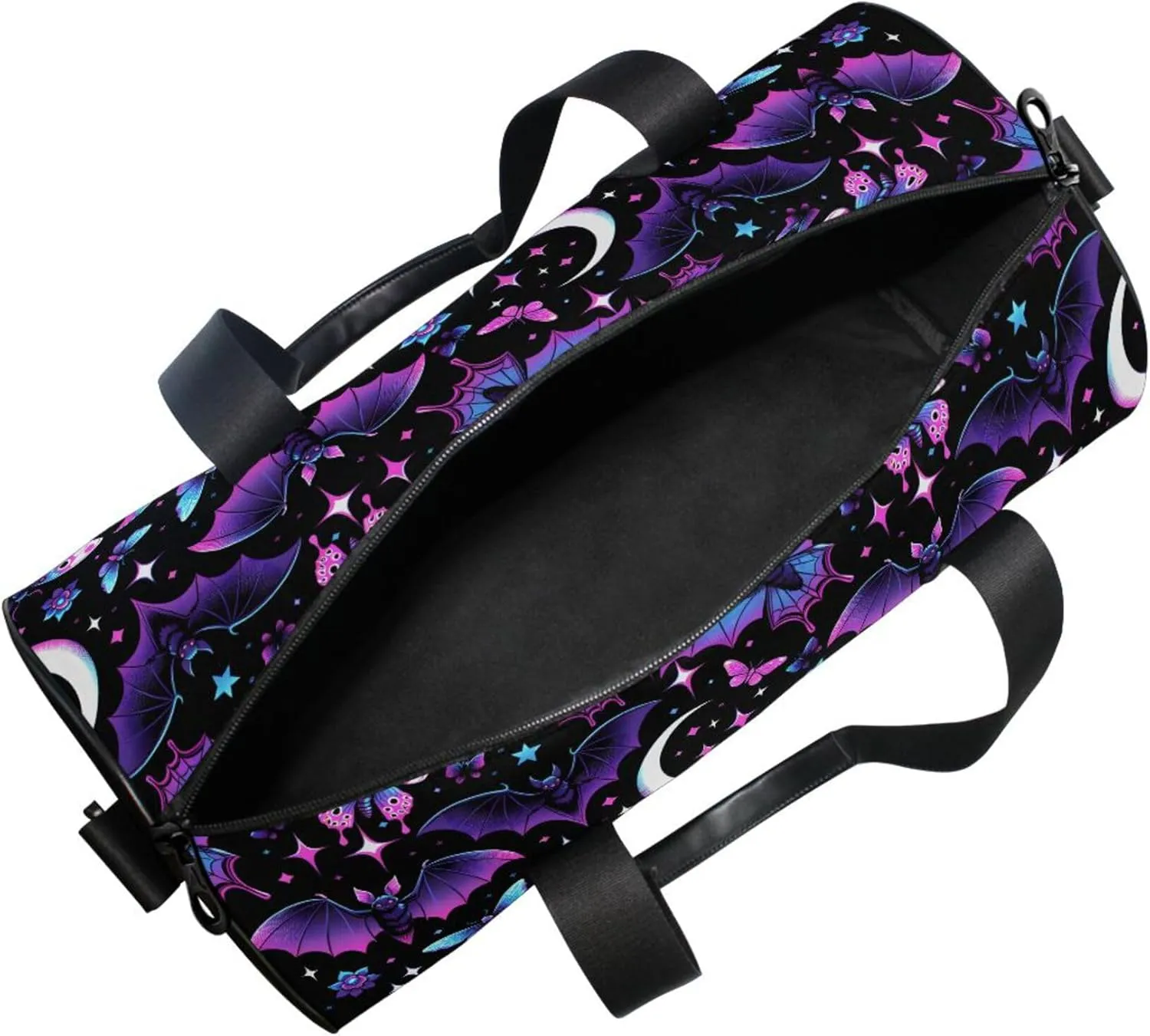 MNSRUU Sports Duffel Bags, Neon Purple and Bats Stars and Moons Athletic Gym Bag Overnight Workout Travel Tote Luggage for Men Women Yoga