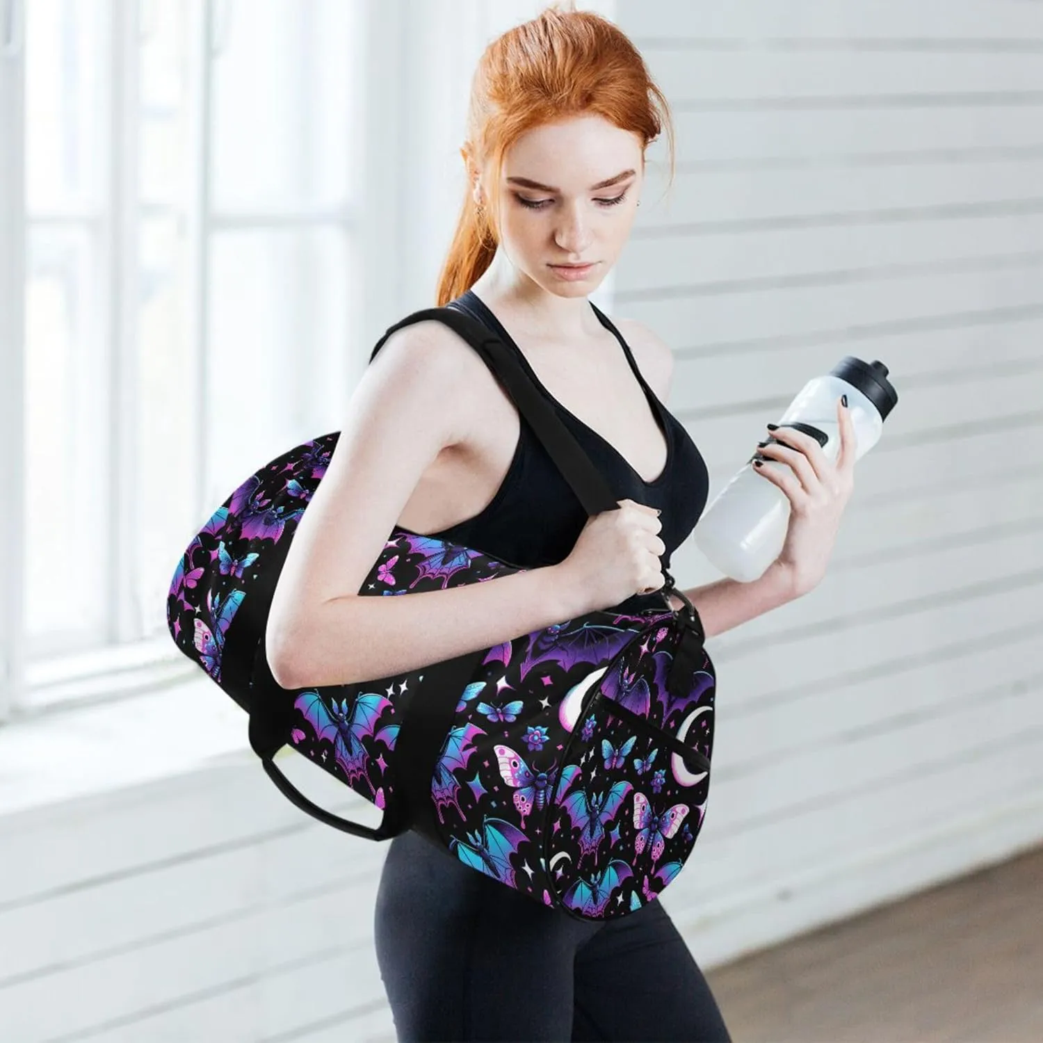 MNSRUU Sports Duffel Bags, Neon Purple and Bats Stars and Moons Athletic Gym Bag Overnight Workout Travel Tote Luggage for Men Women Yoga