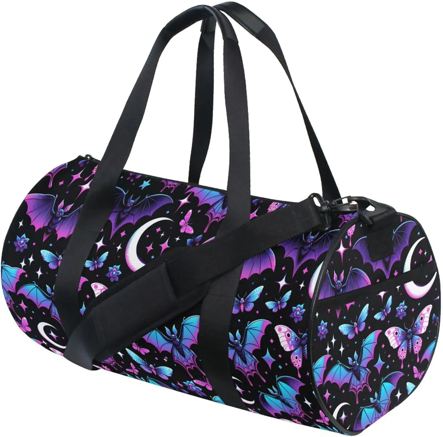 MNSRUU Sports Duffel Bags, Neon Purple and Bats Stars and Moons Athletic Gym Bag Overnight Workout Travel Tote Luggage for Men Women Yoga