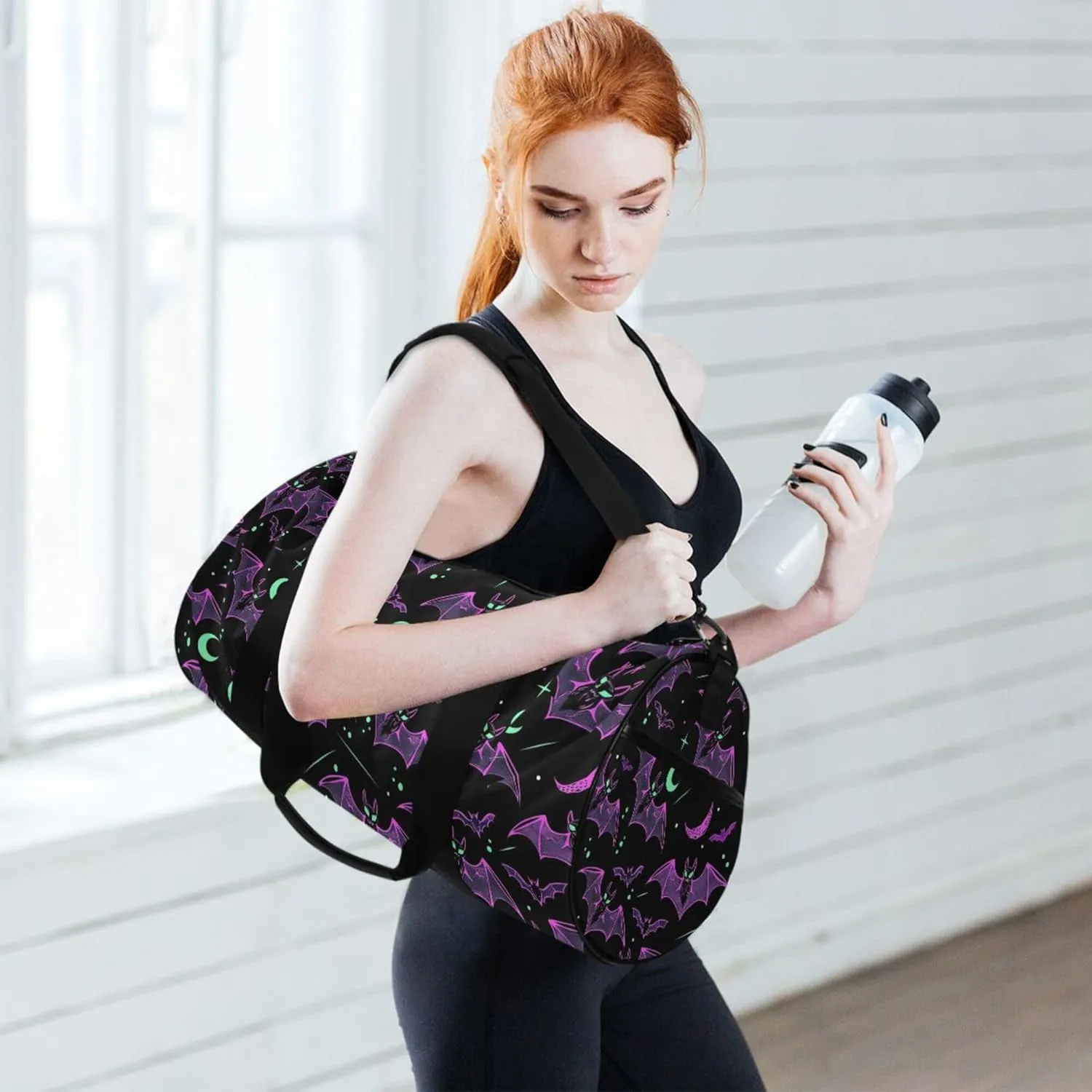 MNSRUU Sports Duffel Bags, Neon Purple and Bats Stars and Moons Athletic Gym Bag Overnight Workout Travel Tote Luggage for Men Women Yoga