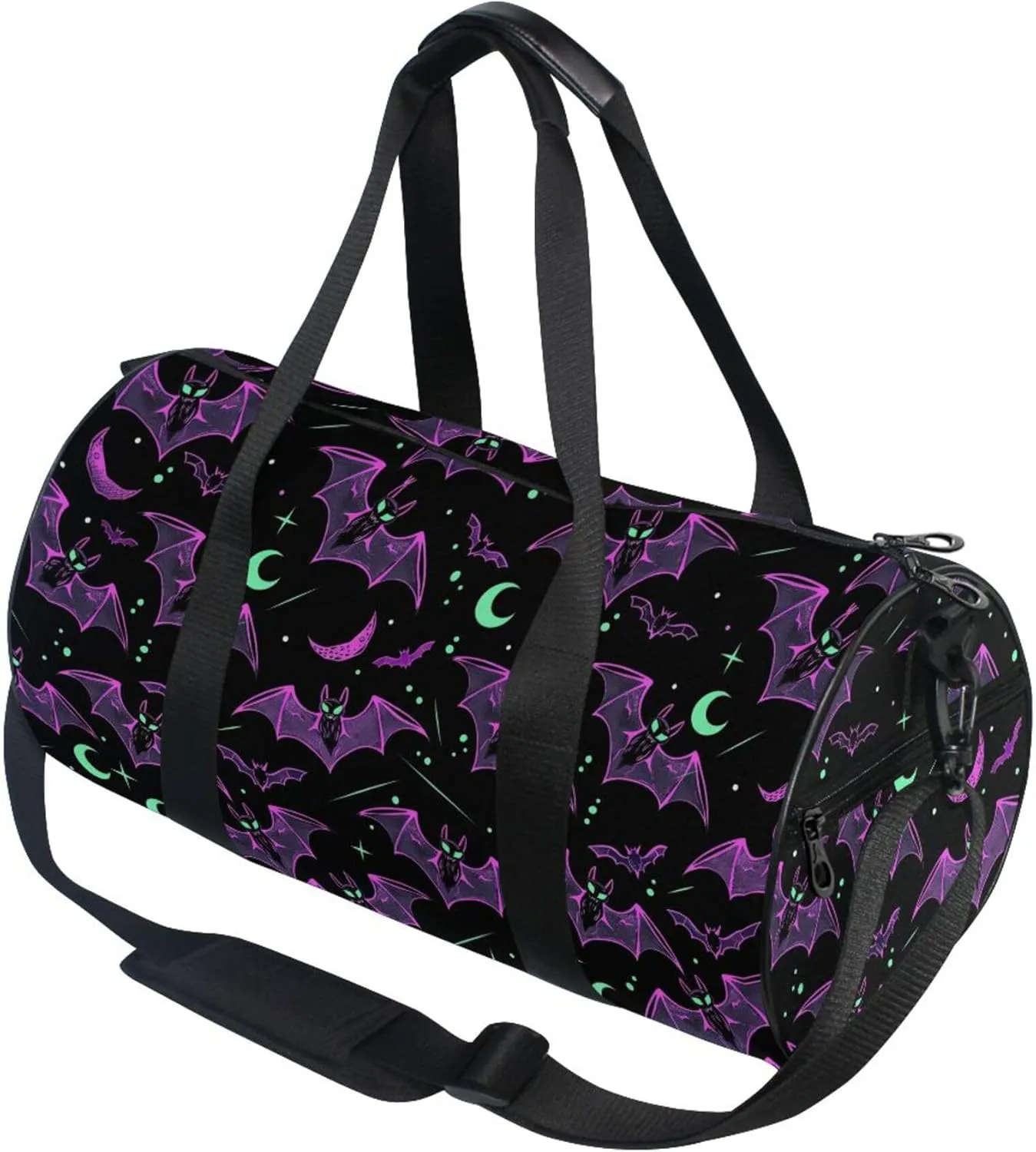 MNSRUU Sports Duffel Bags, Neon Purple and Bats Stars and Moons Athletic Gym Bag Overnight Workout Travel Tote Luggage for Men Women Yoga