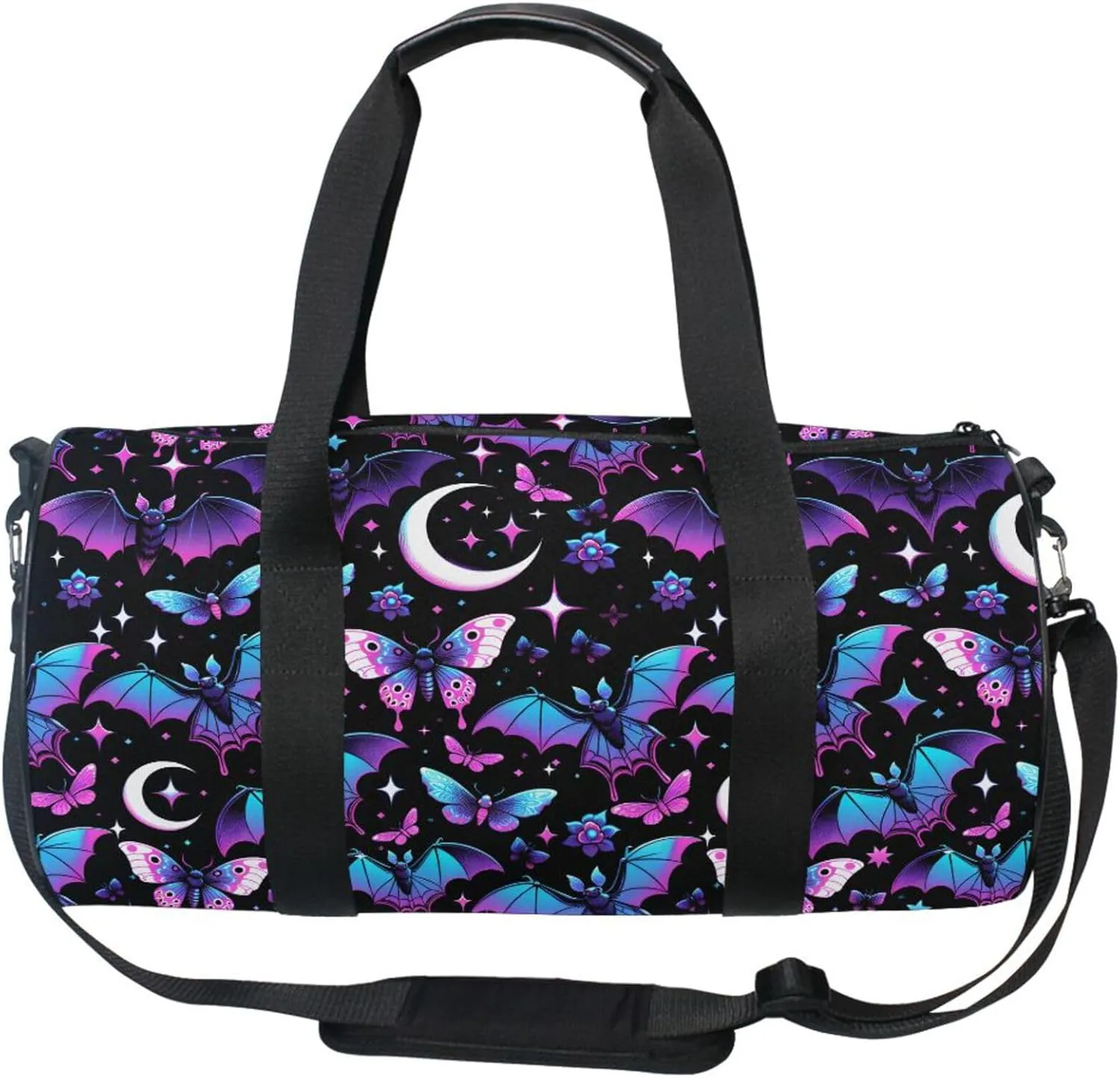 MNSRUU Sports Duffel Bags, Neon Purple and Bats Stars and Moons Athletic Gym Bag Overnight Workout Travel Tote Luggage for Men Women Yoga