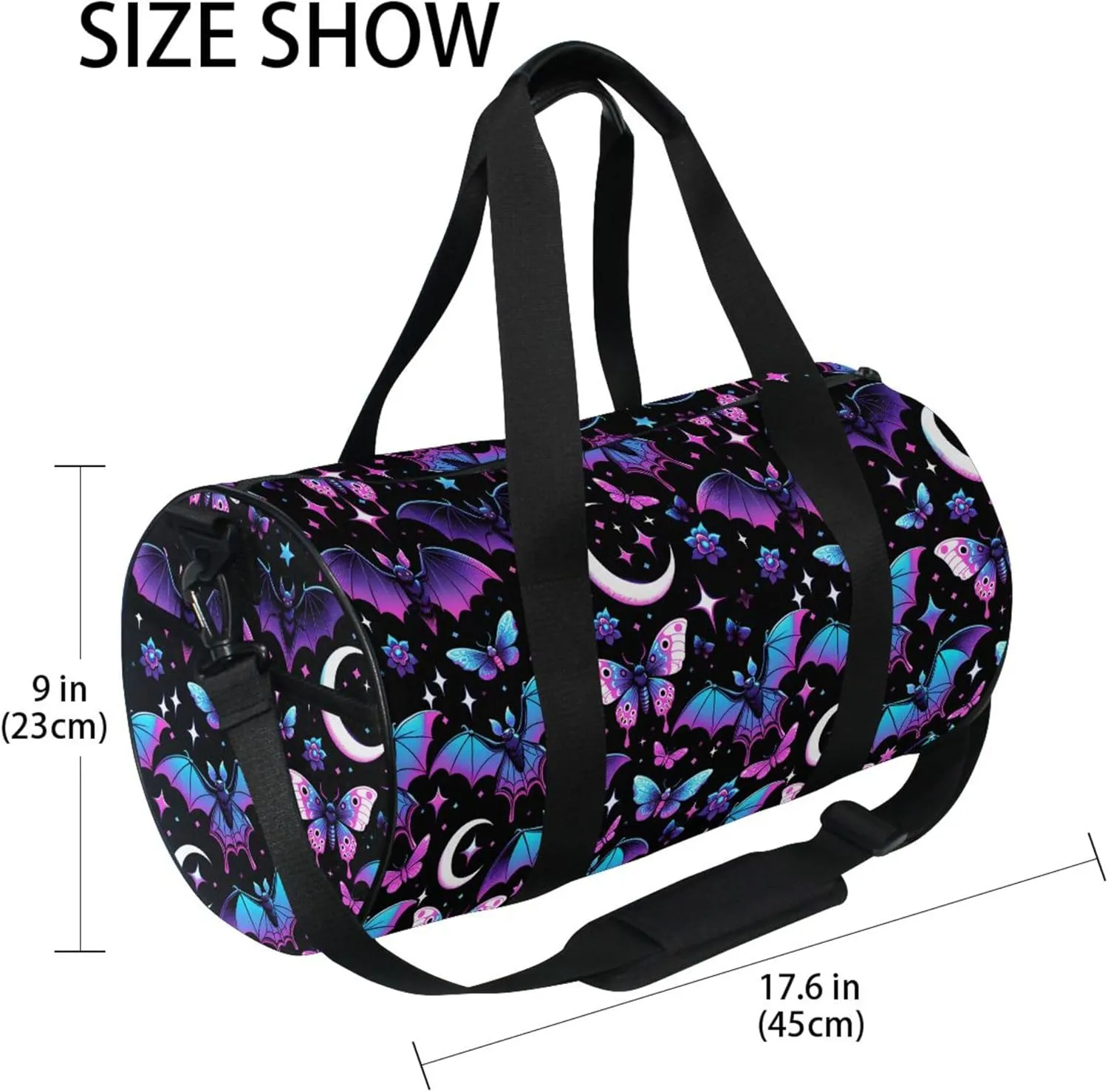 MNSRUU Sports Duffel Bags, Neon Purple and Bats Stars and Moons Athletic Gym Bag Overnight Workout Travel Tote Luggage for Men Women Yoga