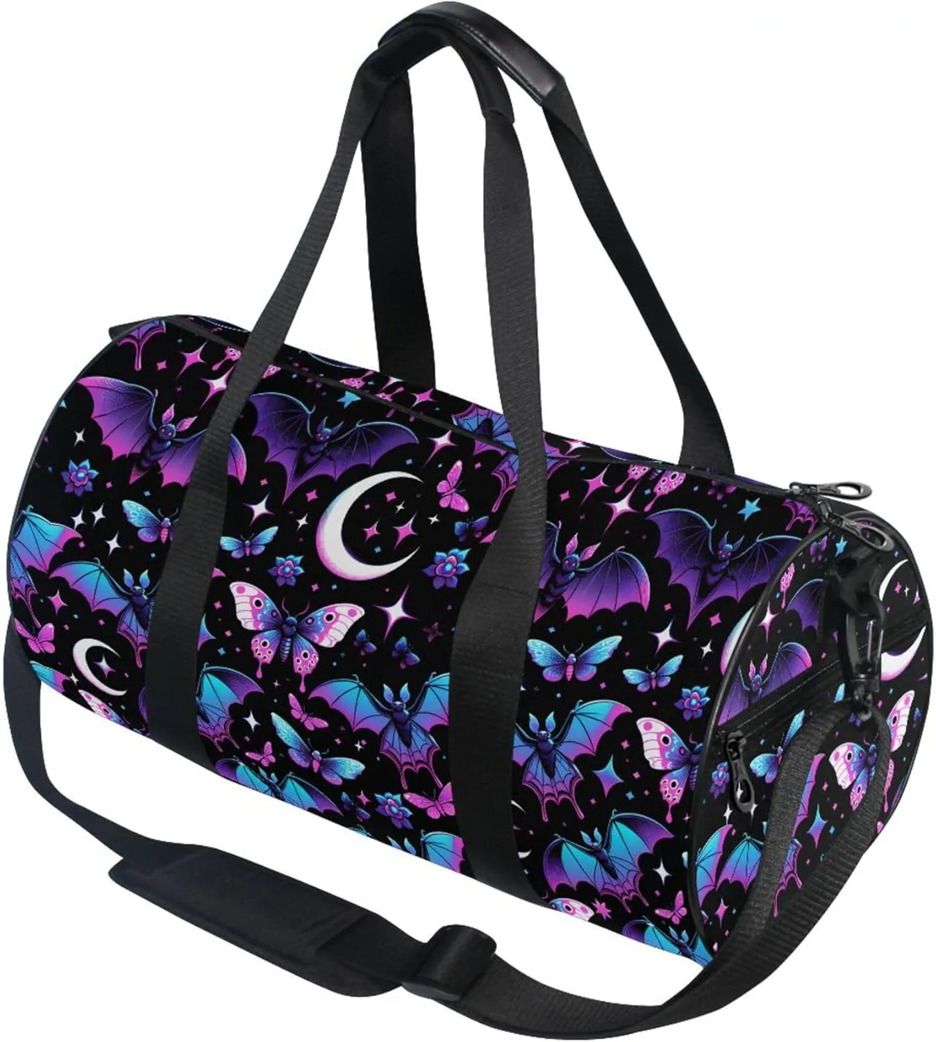MNSRUU Sports Duffel Bags, Neon Purple and Bats Stars and Moons Athletic Gym Bag Overnight Workout Travel Tote Luggage for Men Women Yoga