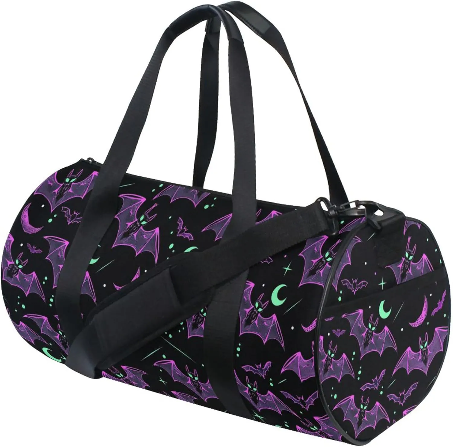 MNSRUU Sports Duffel Bags, Neon Purple and Bats Stars and Moons Athletic Gym Bag Overnight Workout Travel Tote Luggage for Men Women Yoga