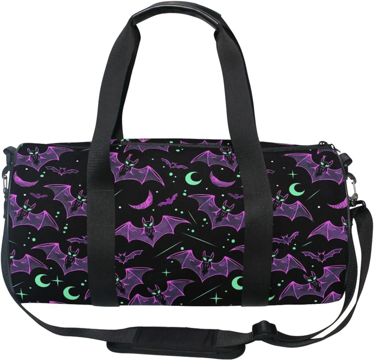 MNSRUU Sports Duffel Bags, Neon Purple and Bats Stars and Moons Athletic Gym Bag Overnight Workout Travel Tote Luggage for Men Women Yoga