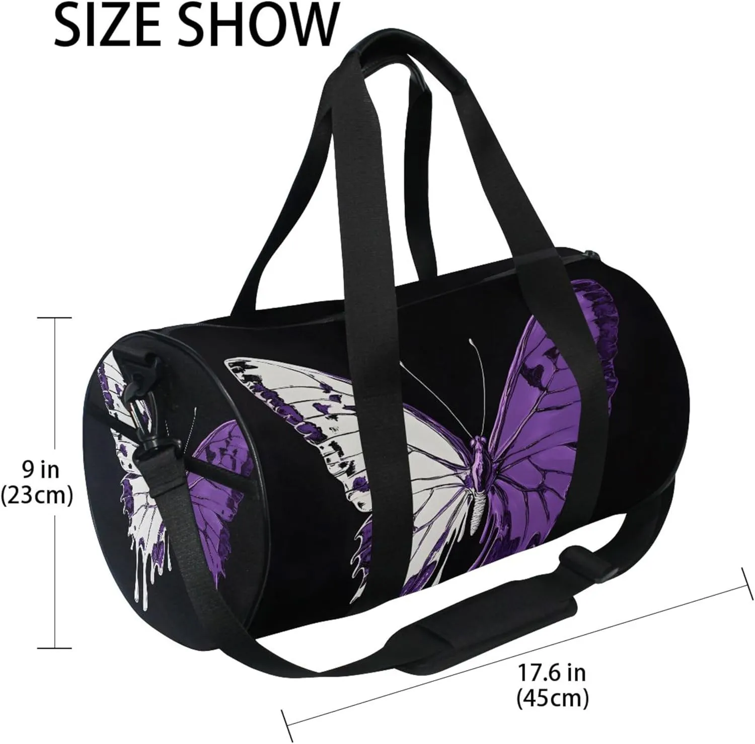 MNSRUU Sports Duffel Bags, White Purple Dual Color Butterfly Athletic Gym Bag Overnight Workout Travel Tote Luggage for Men Women Yoga